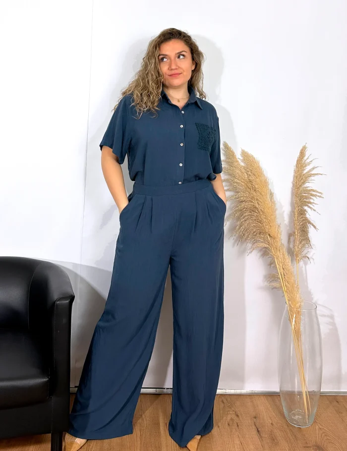 Pantalón Wide-leg Lino Azul - Imagen 2