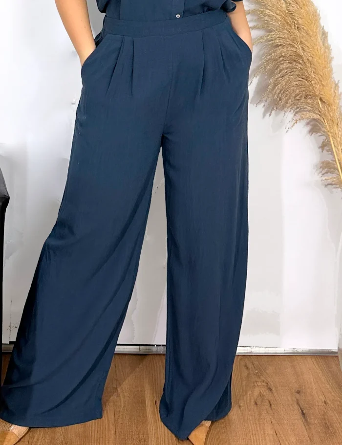 Pantalón Wide-leg Lino Azul