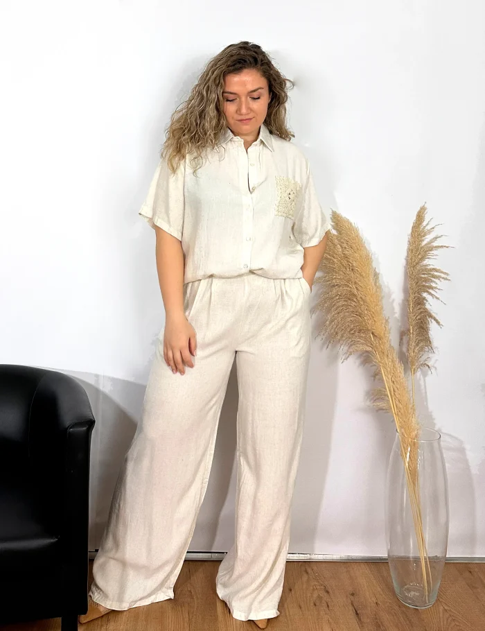 Pantalón Wide-leg Lino Crema - Imagen 2