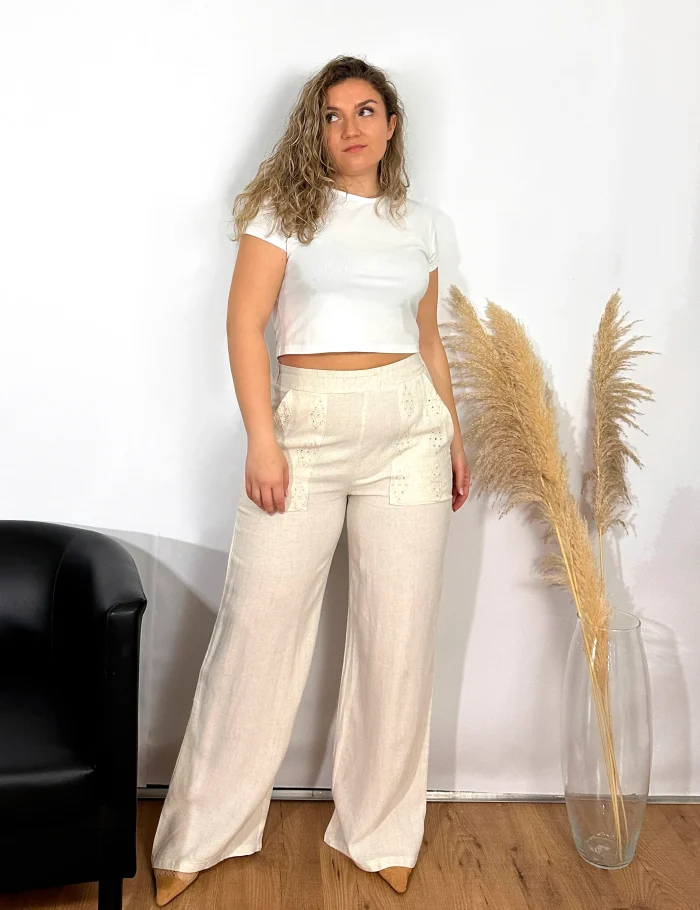 Pantalón Lino Bordado Crema - Imagen 2