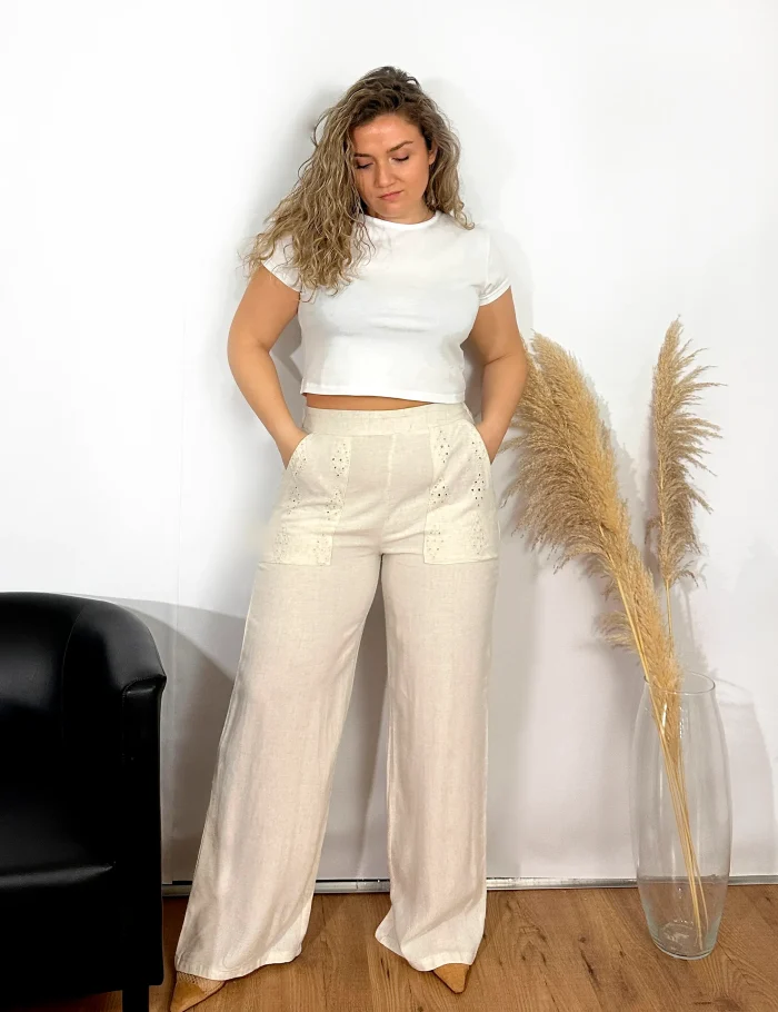 Pantalón Lino Bordado Crema - Imagen 4