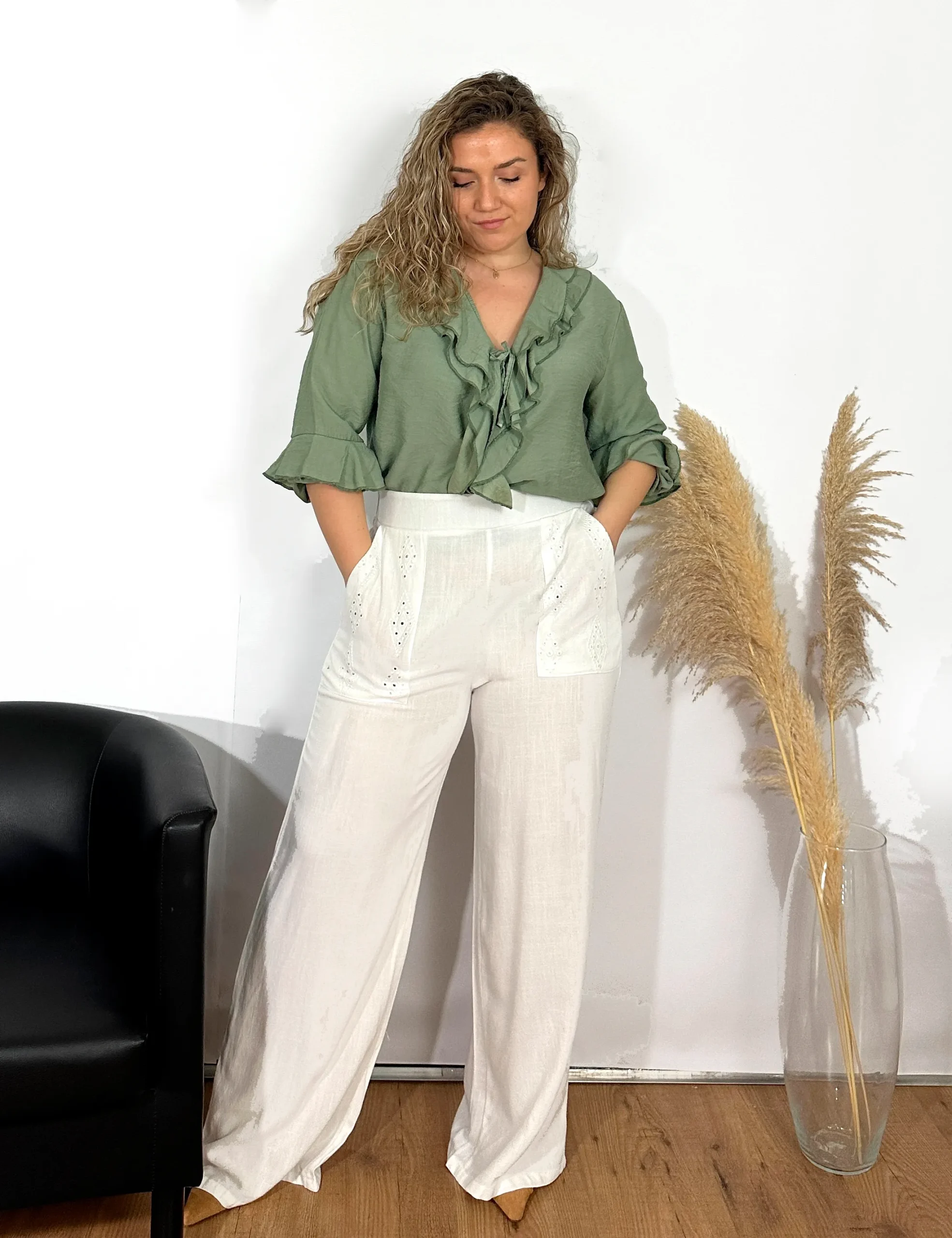 Pantalón Lino Bordado Blanco
