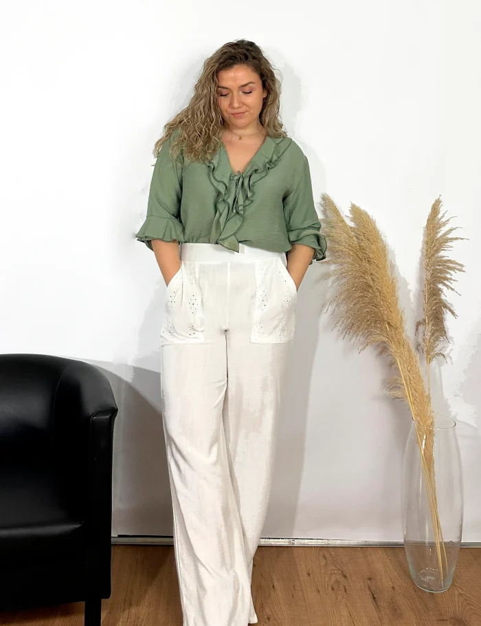 Pantalón Lino Bordado Blanco - Imagen 4