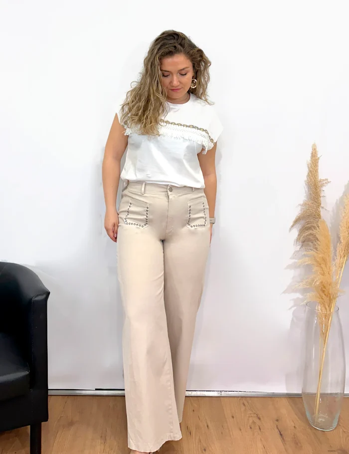 Pantalón Wide-leg Tachas Beige - Imagen 4