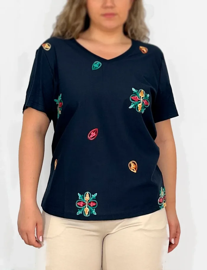 Camiseta Flores Bordadas Marino