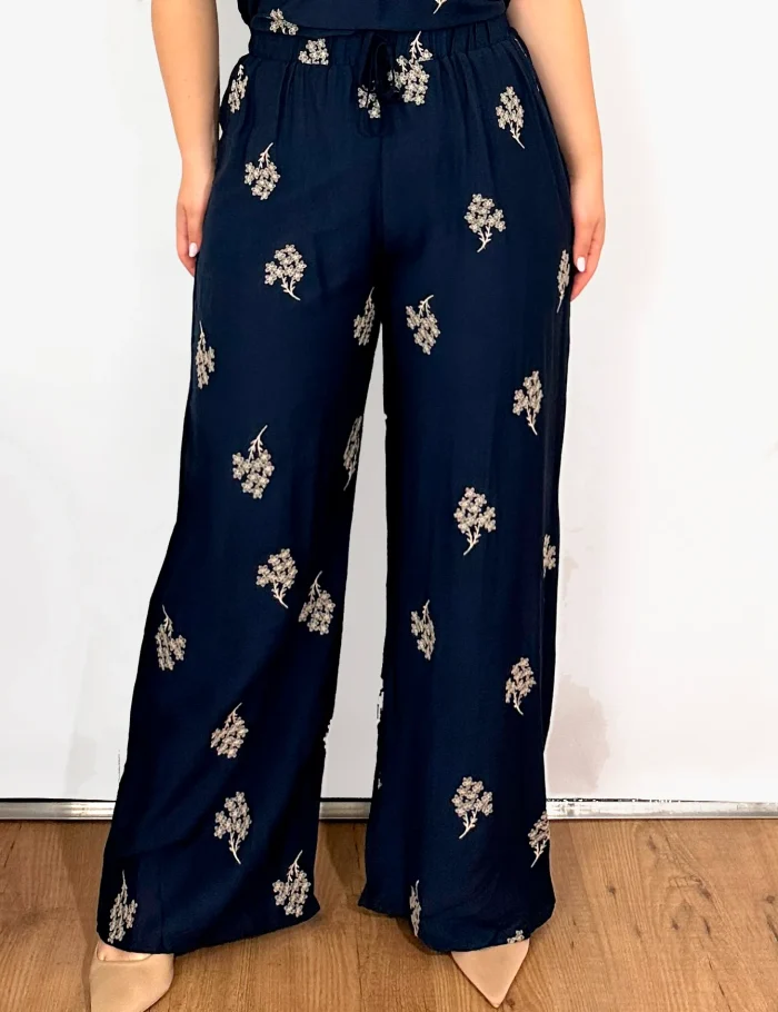 Pantalón Fluido Marino Bordado
