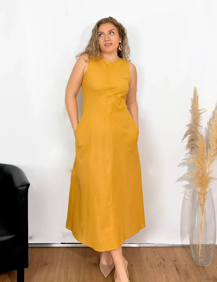Vestido Evasé Lino Mostaza - Imagen 3