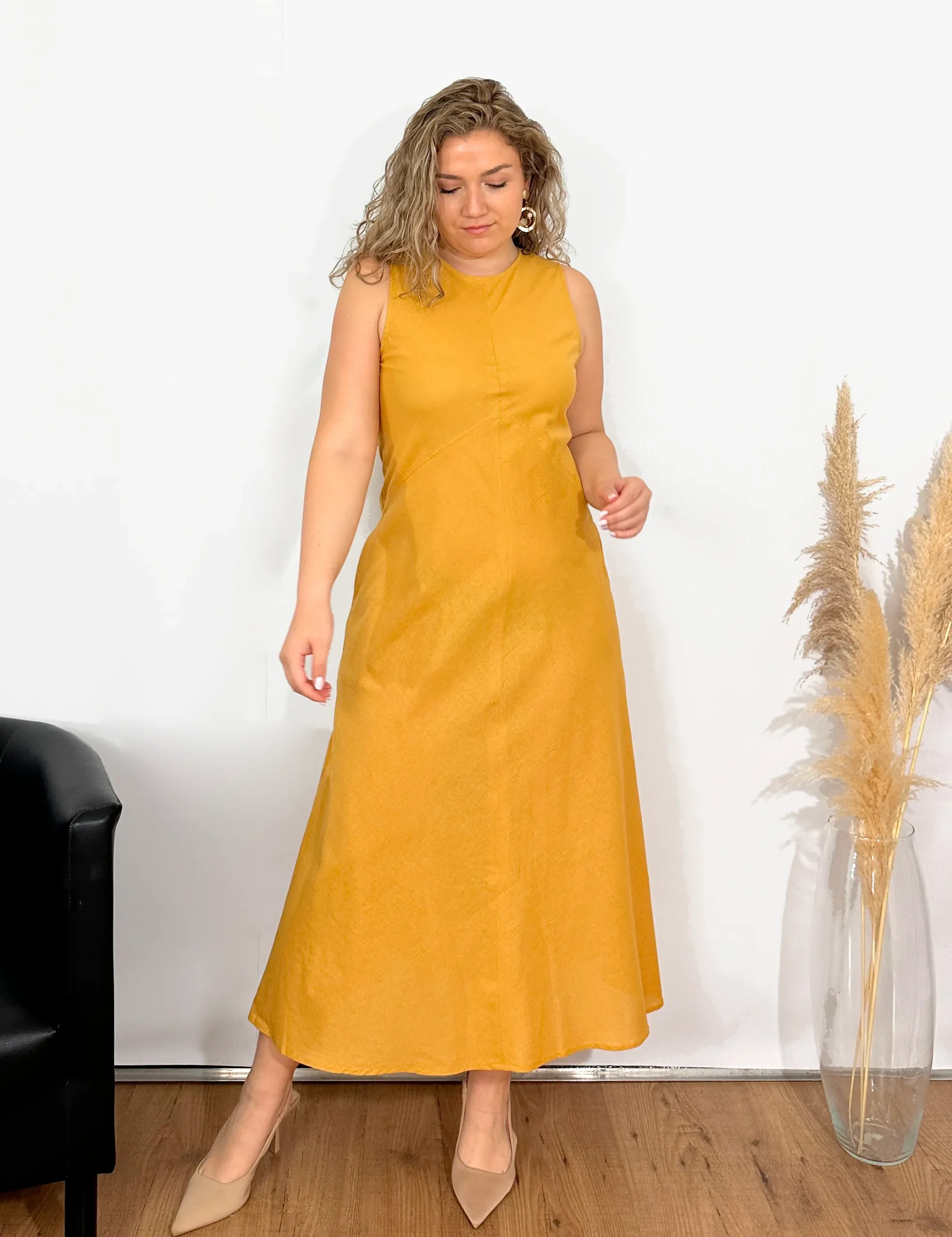 Vestido Evasé Lino Mostaza