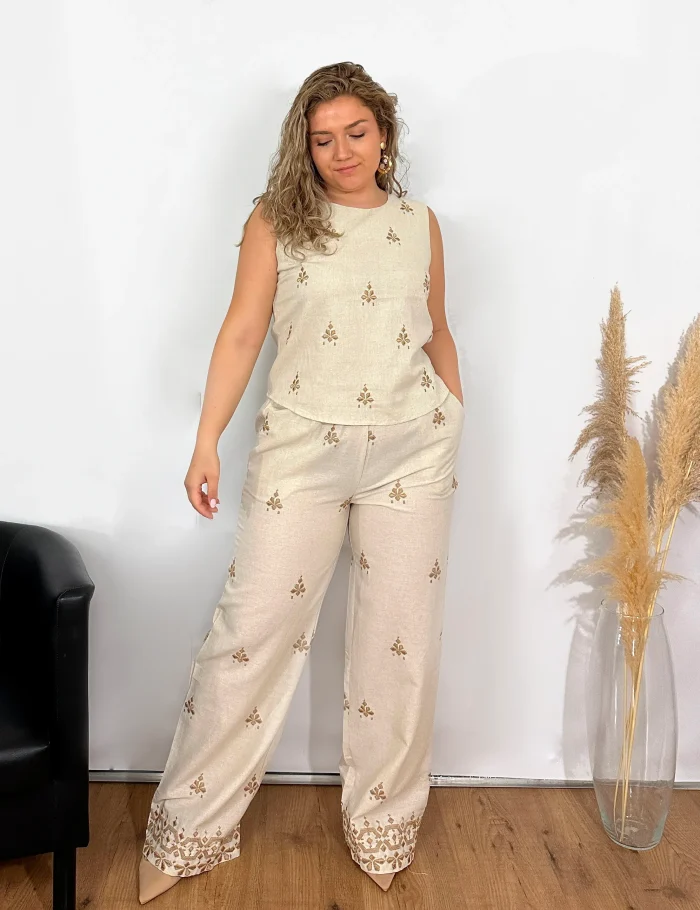 Pantalón Lino Bordado Beige