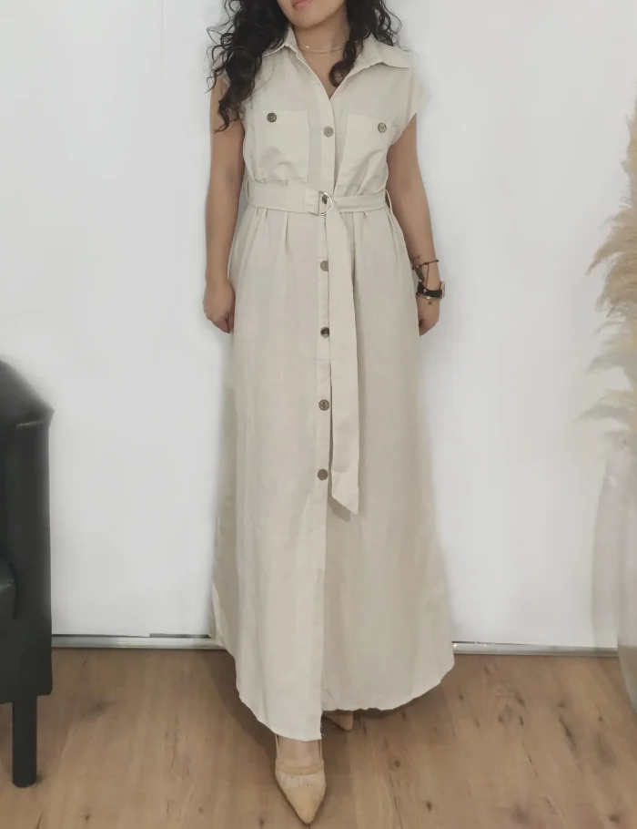 Vestido Lino Beige Con Cinturón