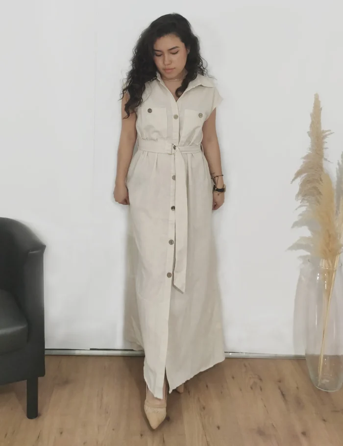 Vestido Lino Beige Con Cinturón - Imagen 2