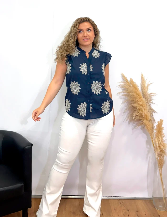 Blusa Bordado Flores Marino