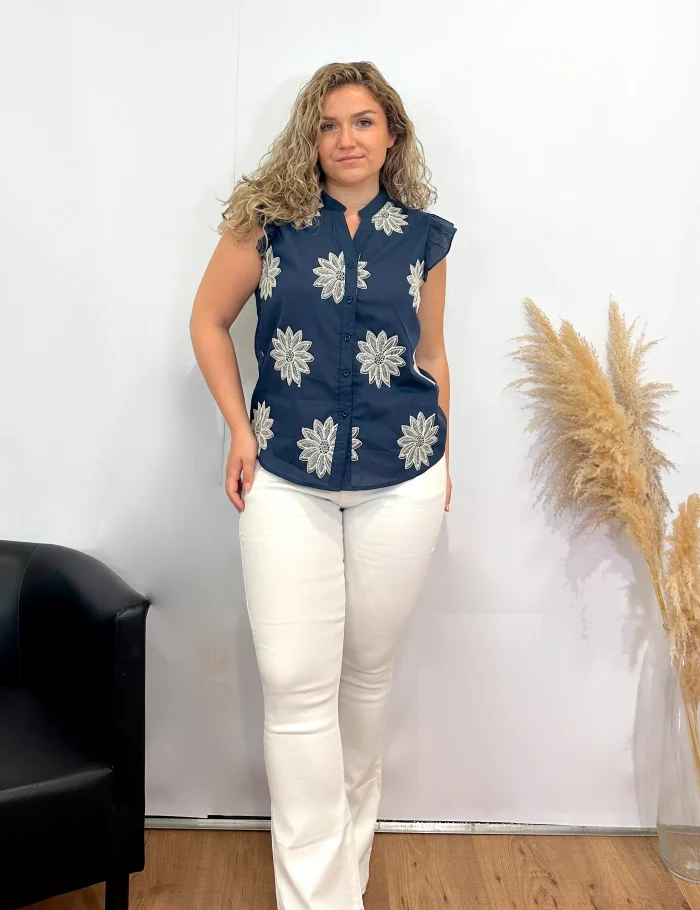 Blusa Bordado Flores Marino - Imagen 3