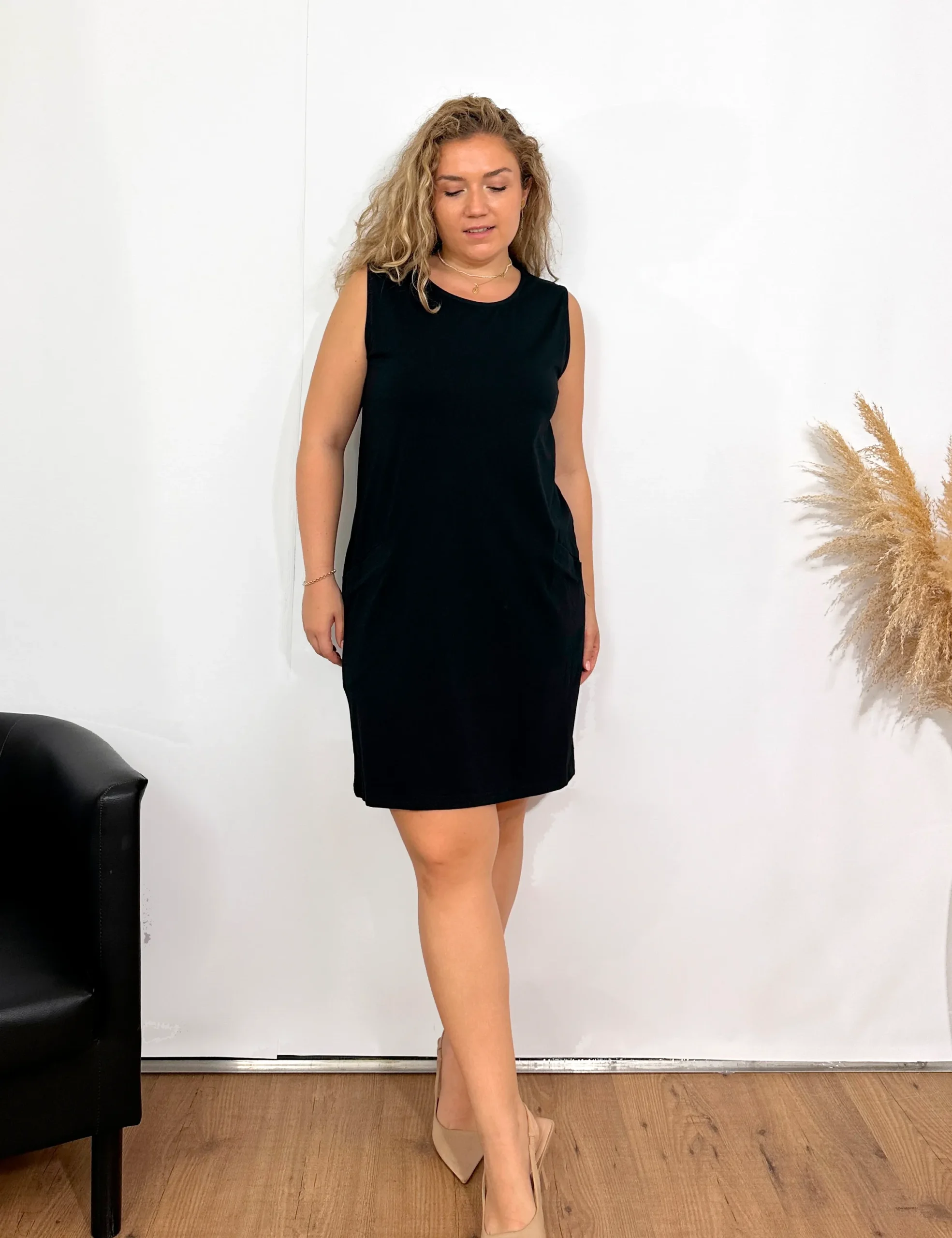 Vestido Bolsillos Liso Negro