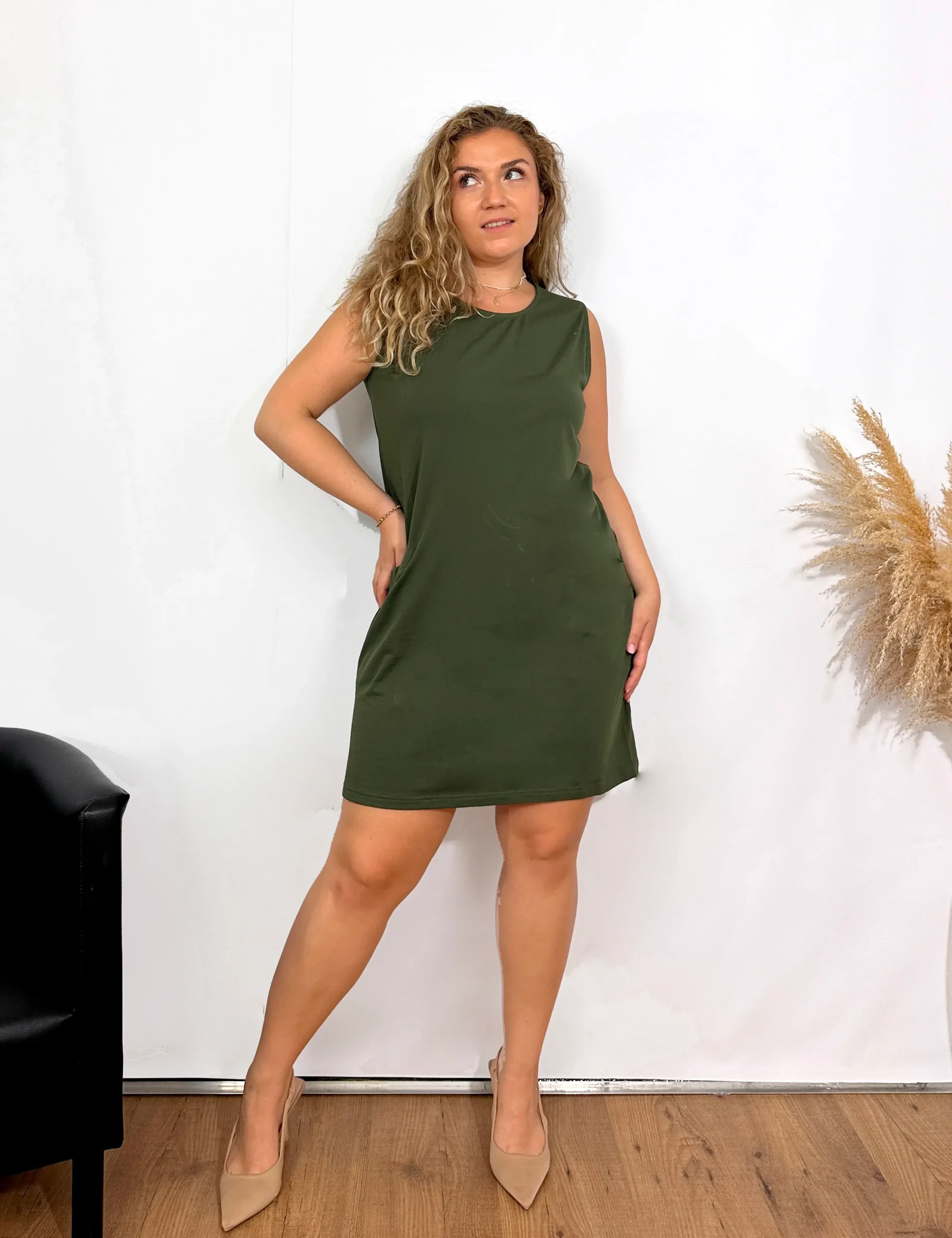 Vestido Bolsillos Liso Kaki