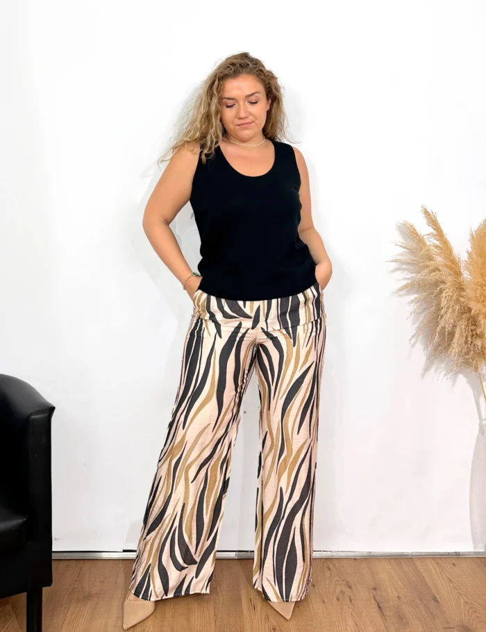 Pantalón Lino Estampado Crema/Ceniza