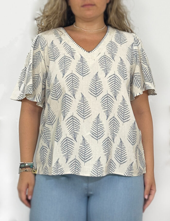 Blusa Lino Bordado Hojas Azul - Imagen 2