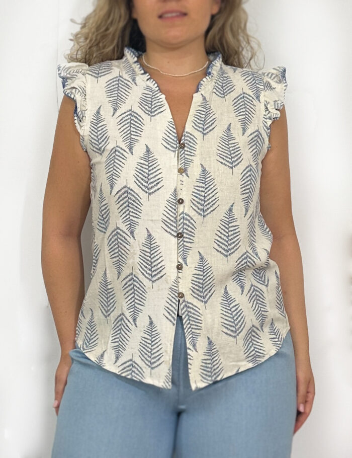Blusa Lino Abotonada Azul - Imagen 2