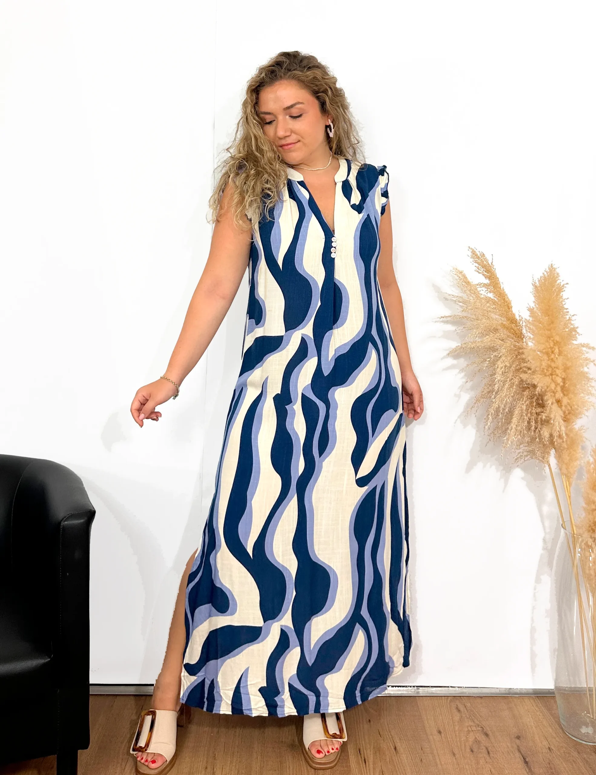 Vestido Fluido Azul Crema