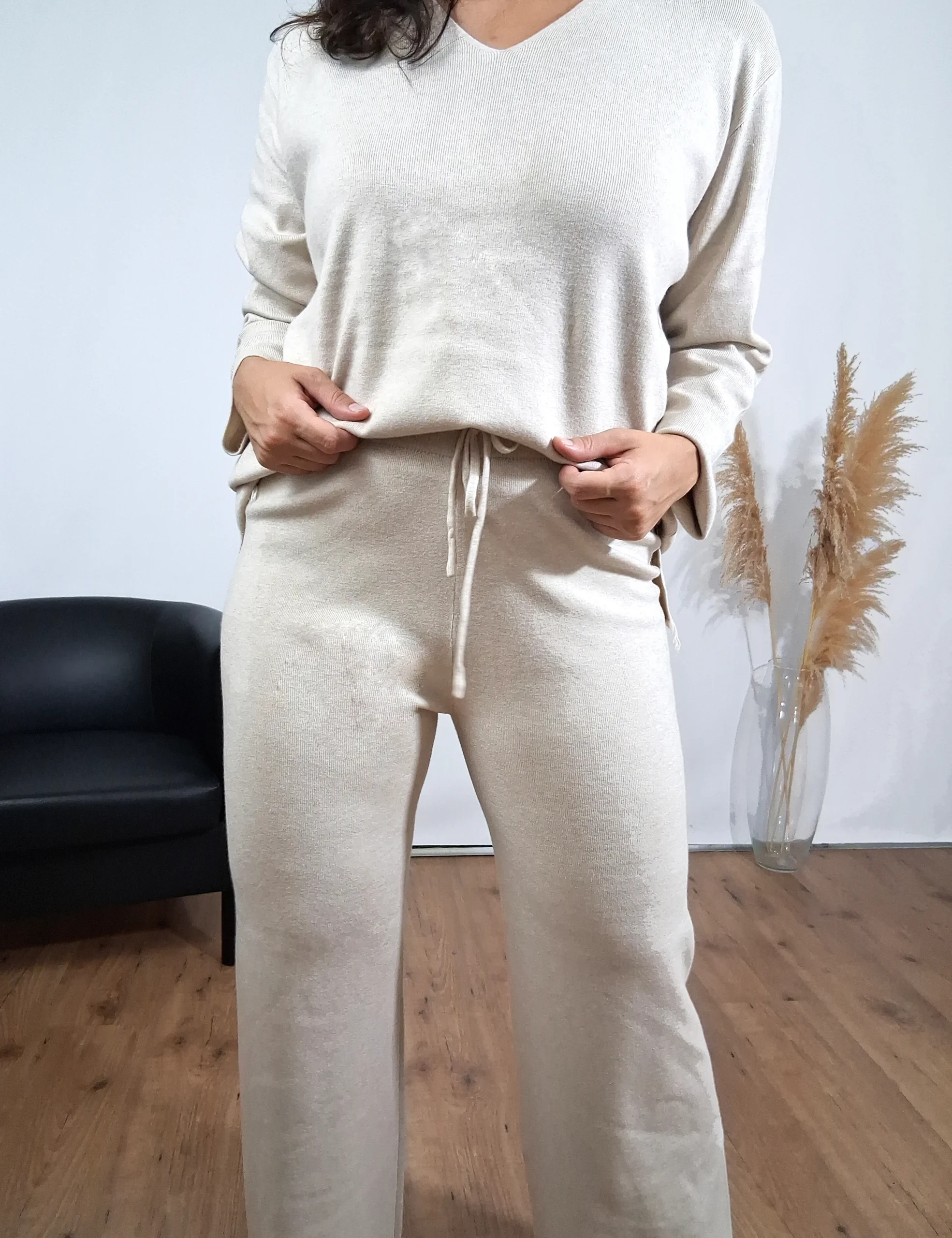 Pantalón Punto Flecos Crema
