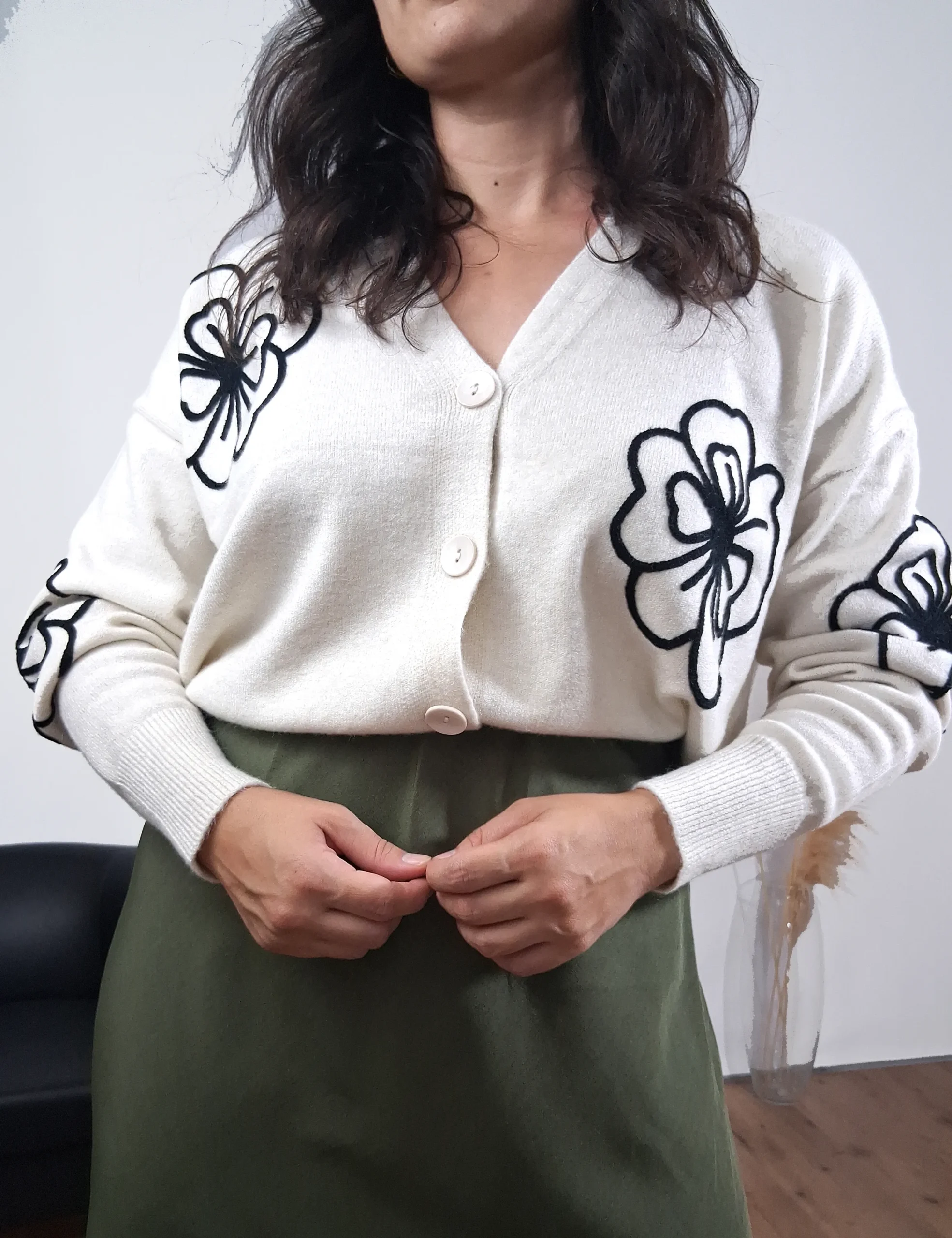 Chaqueta Bordado Flor Crema