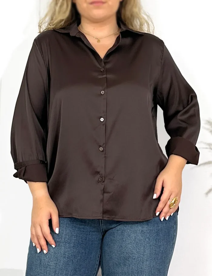 Camisa Satinada Marrón Chocolate - Imagen 2