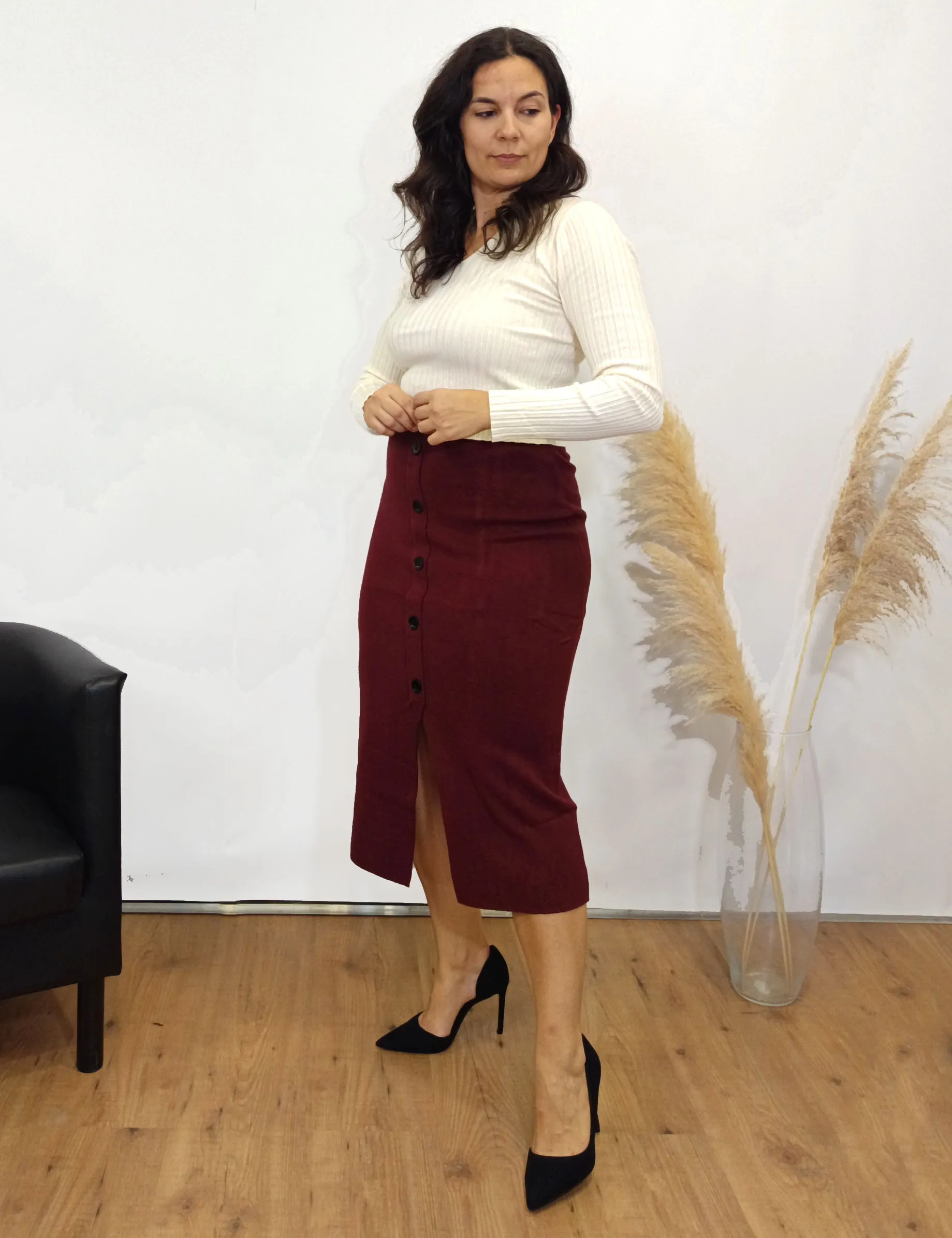 Falda Punto Midi Burdeos