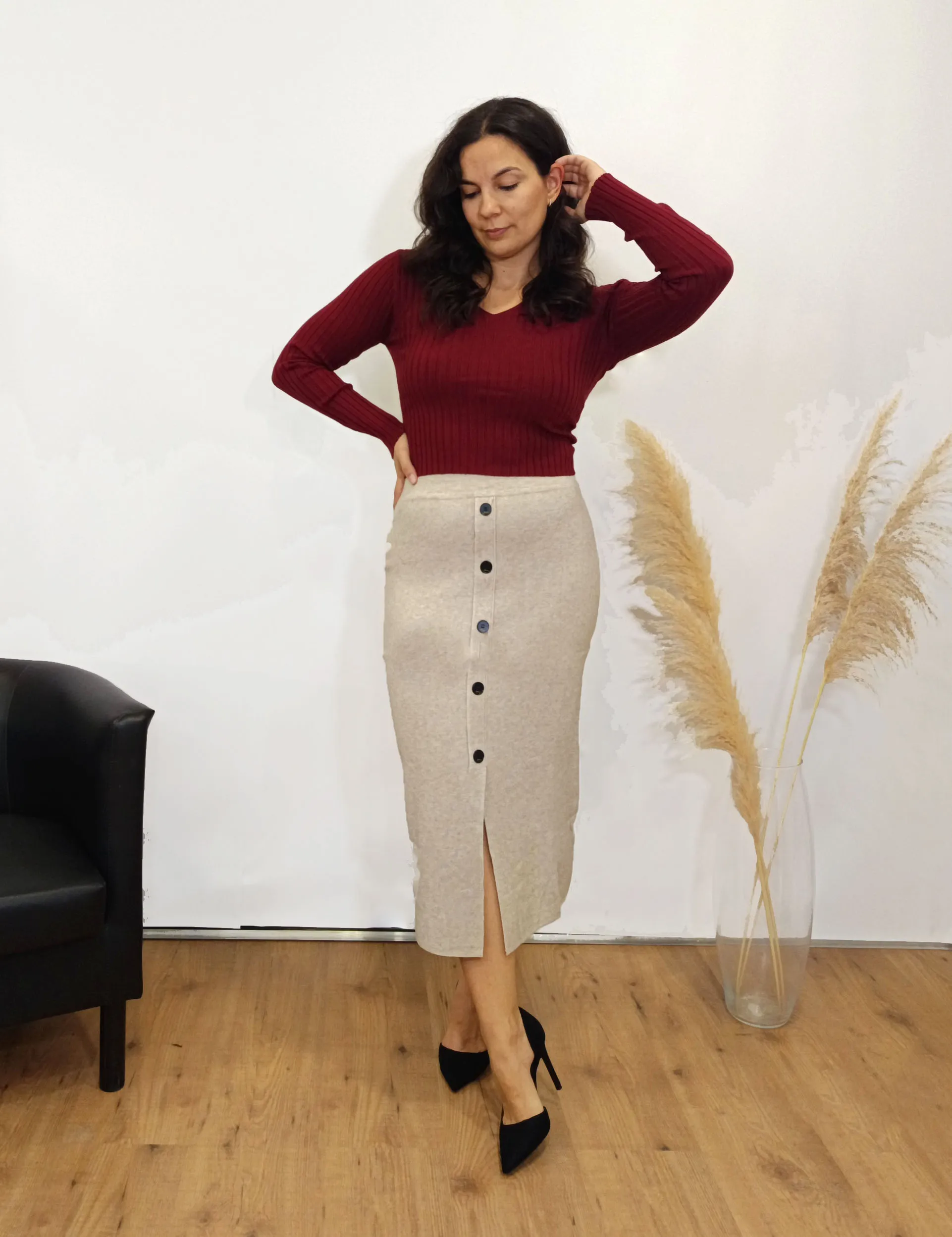 Falda Punto Midi Beige