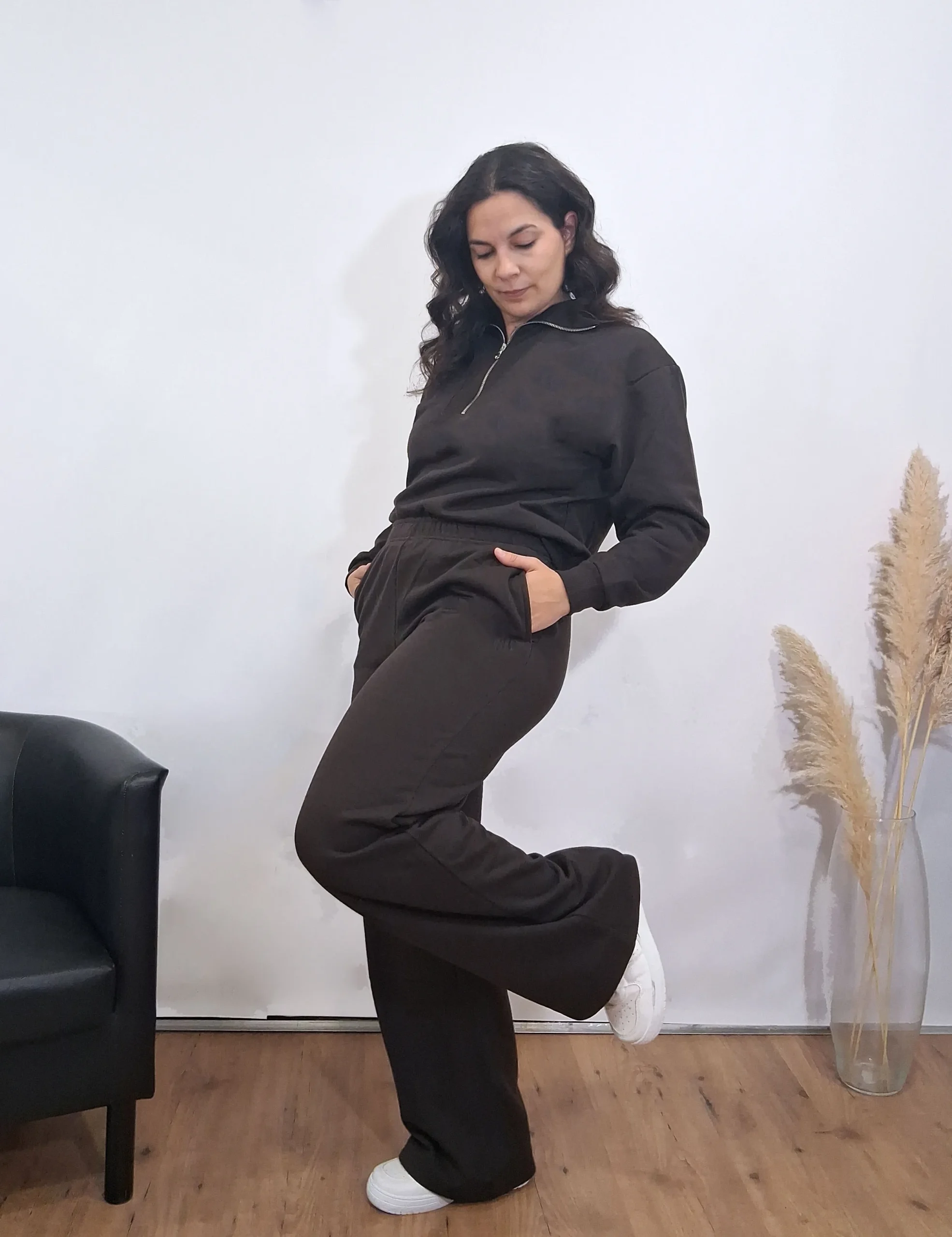 Pantalón Wide-Leg Felpa Marrón