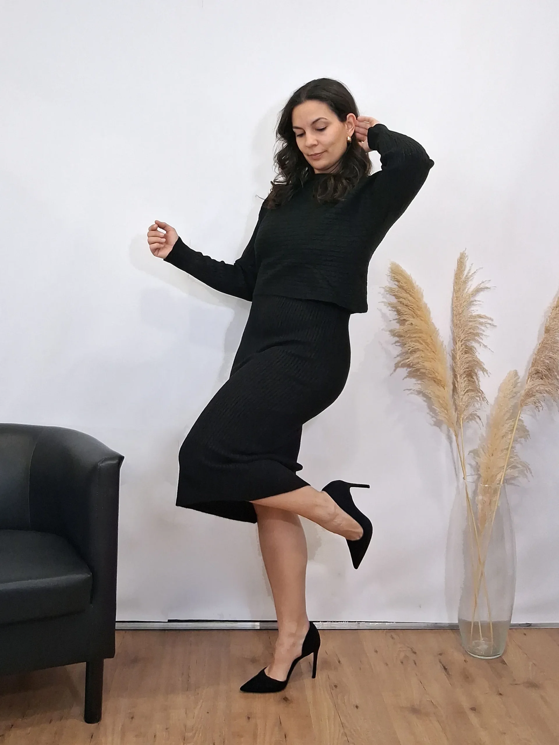 Conjunto Vestido y Jersey Trenzado Negro