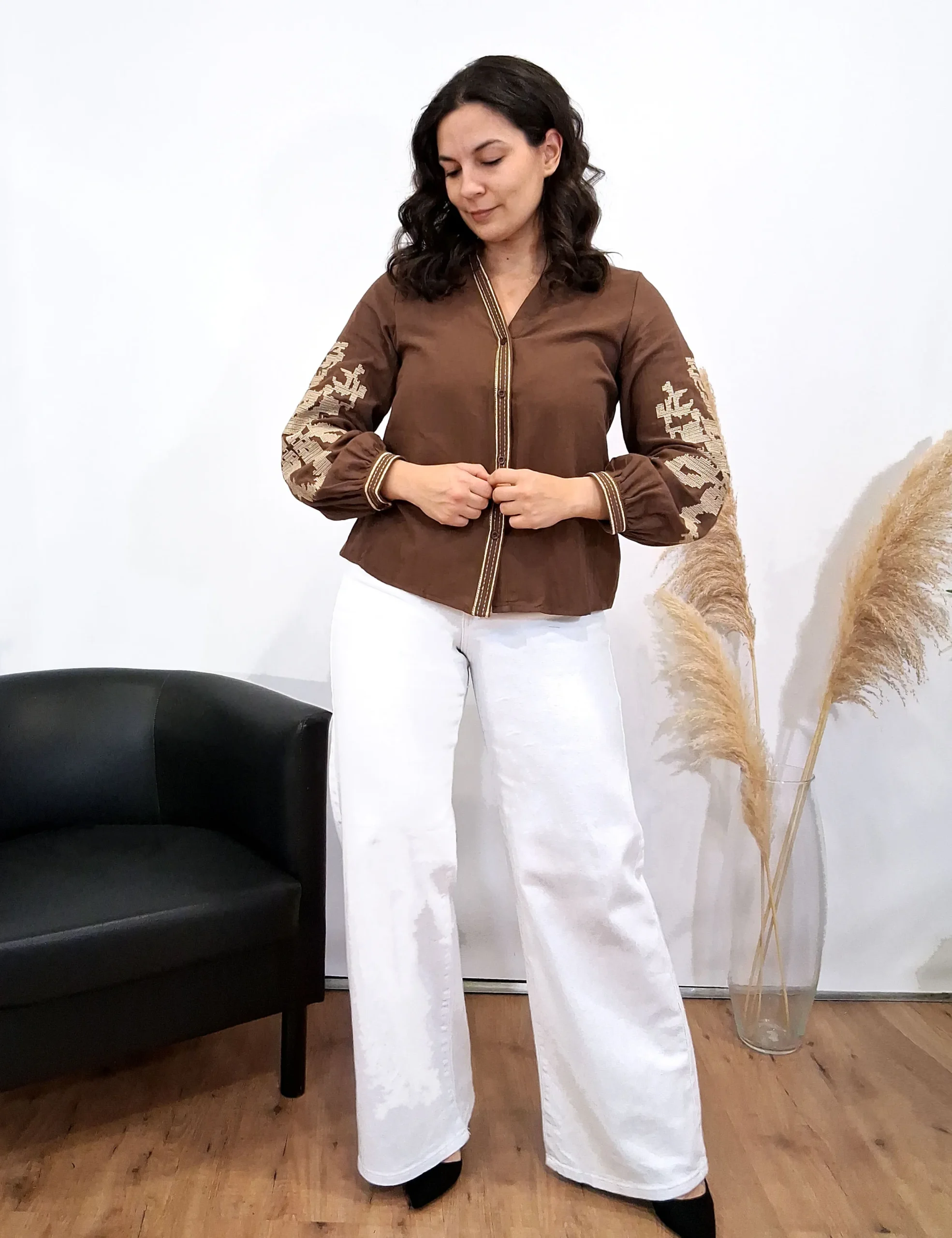 Alternative view of Camisa Mangas Bordadas Marrón