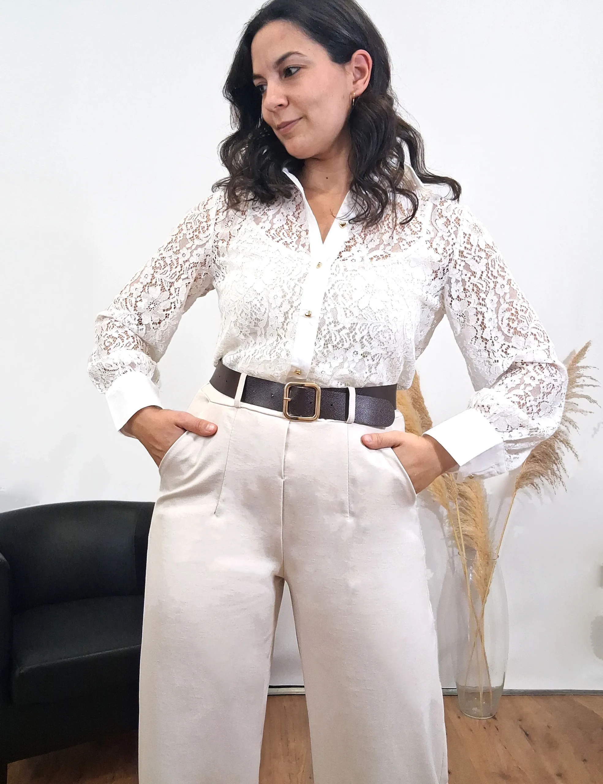 Pantalón Cinturón Wide Leg Crema