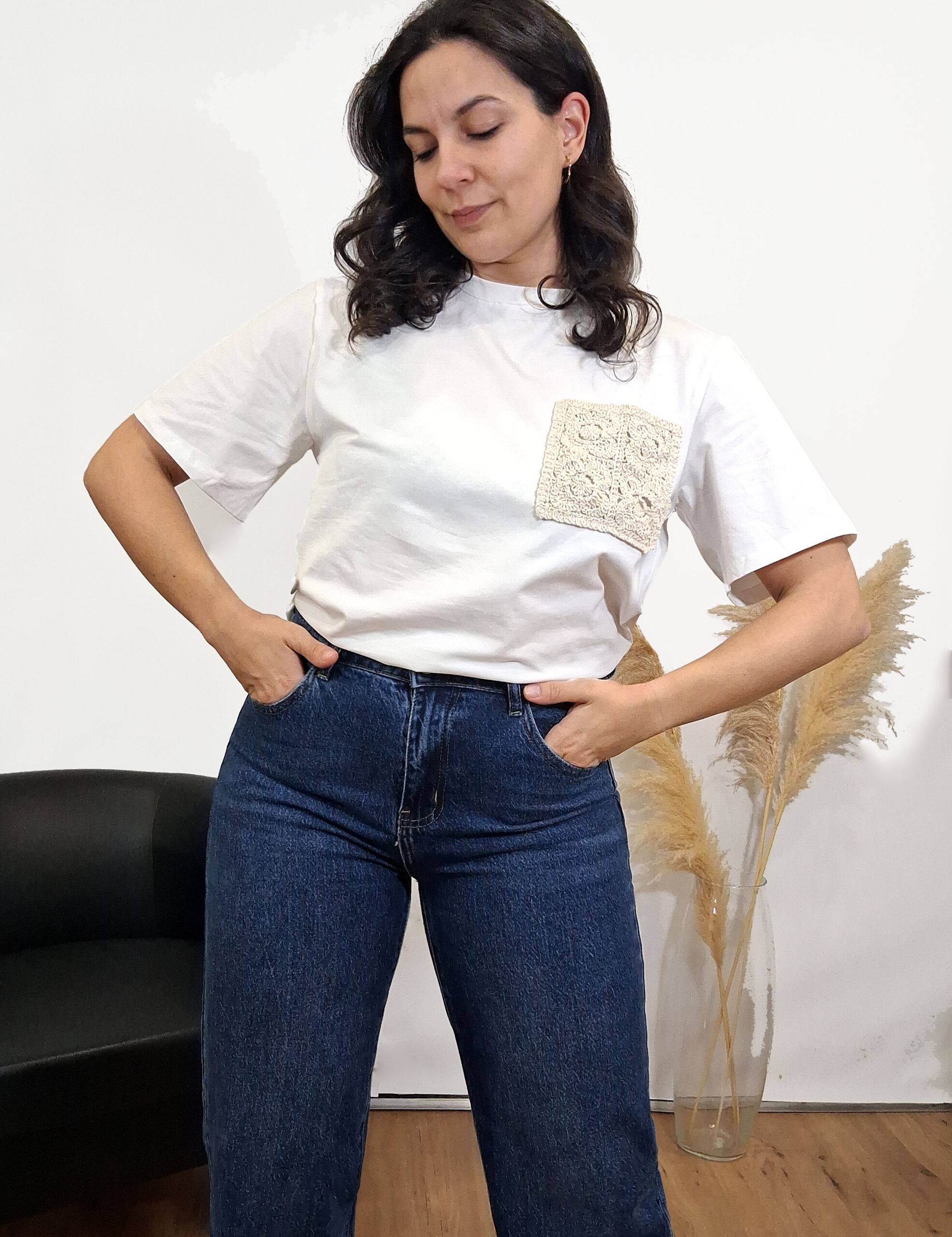 Camiseta Bolsillo Crochet Crudo