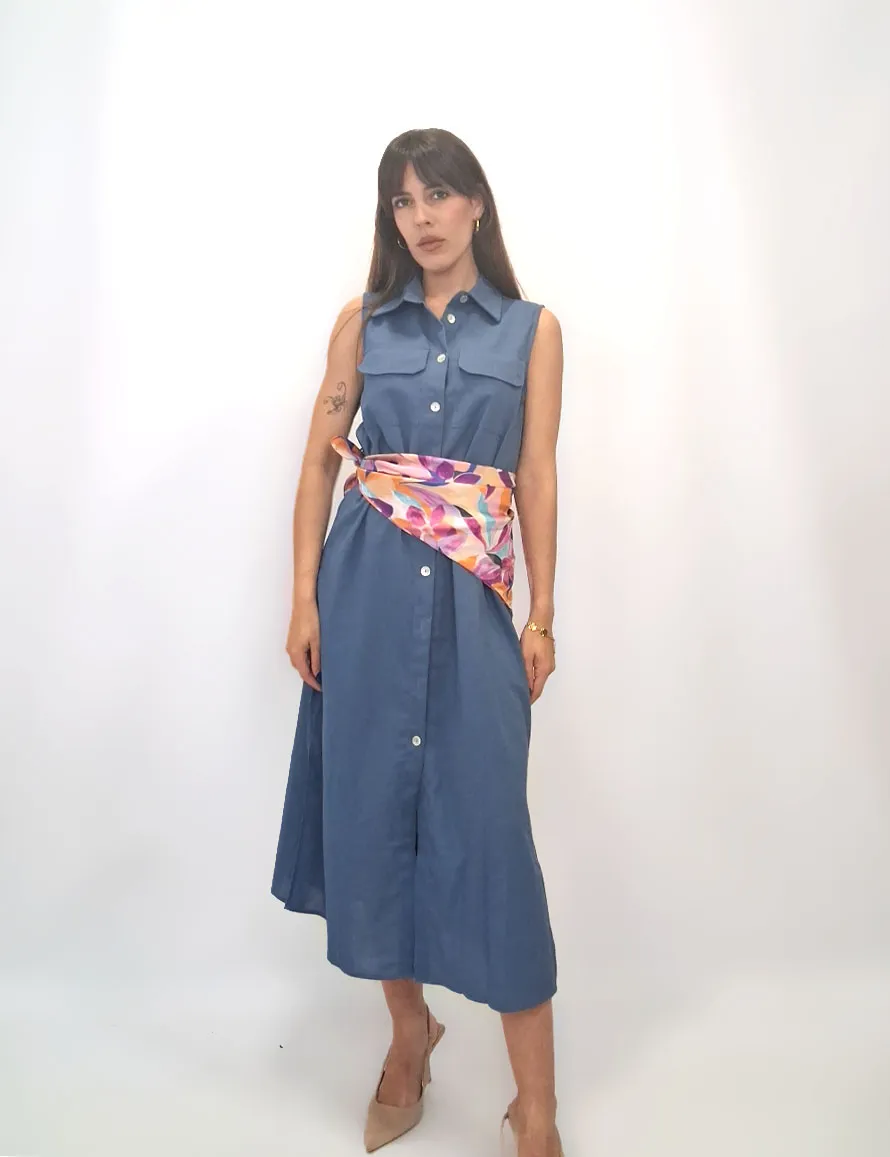 Vestido Lino Camisero Azul