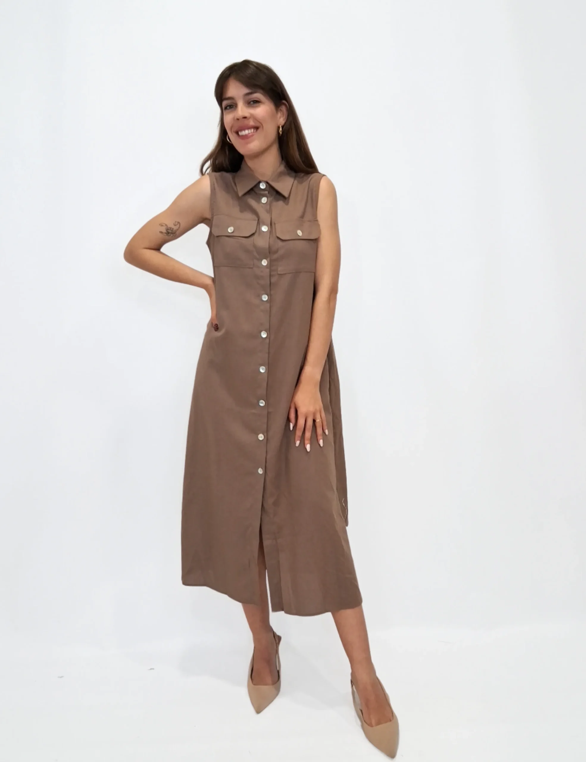 Alternative view of Vestido Lino Camisero Marrón