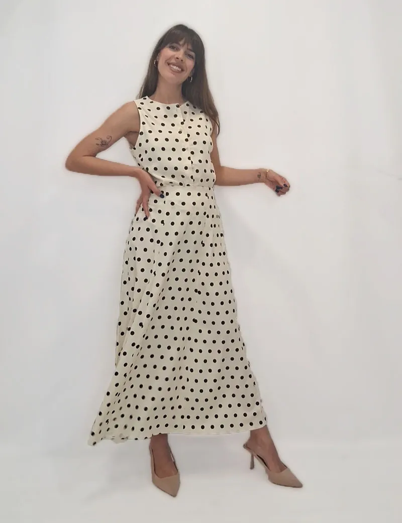 Falda Midi Lunares Crema