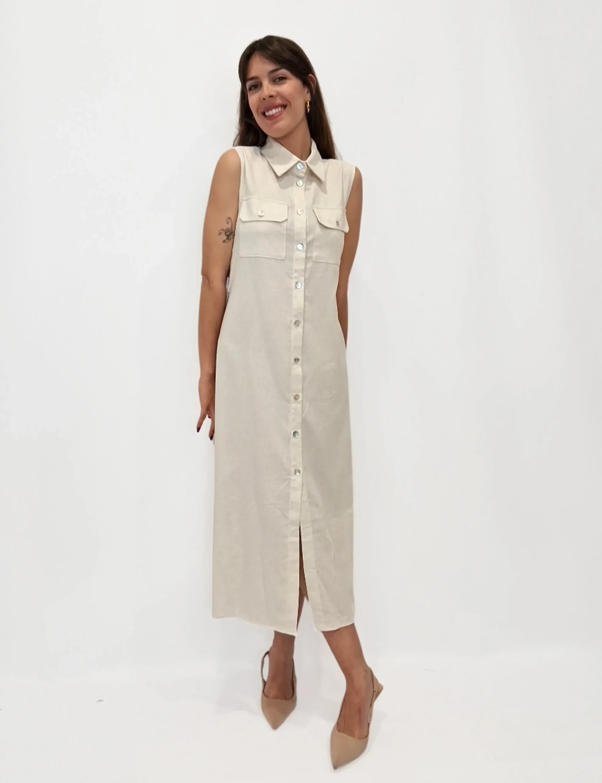 Vestido Lino Camisero Crema