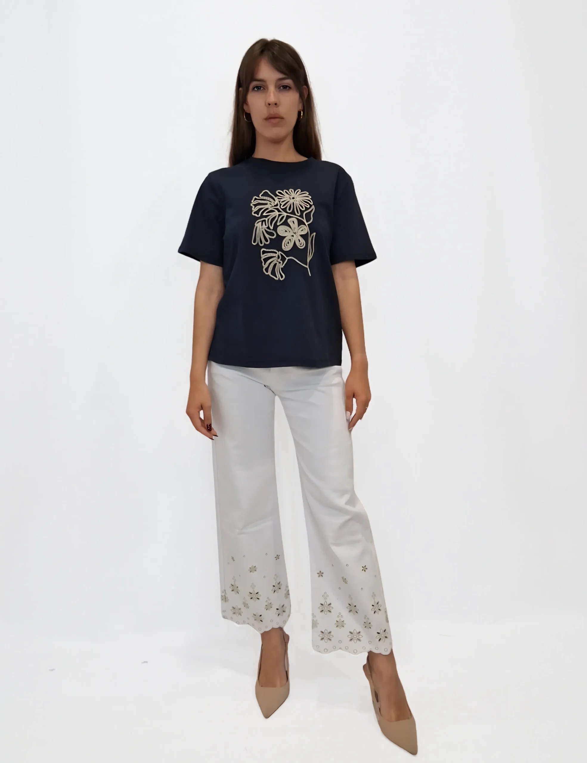 Camiseta Flores Bordada Marino