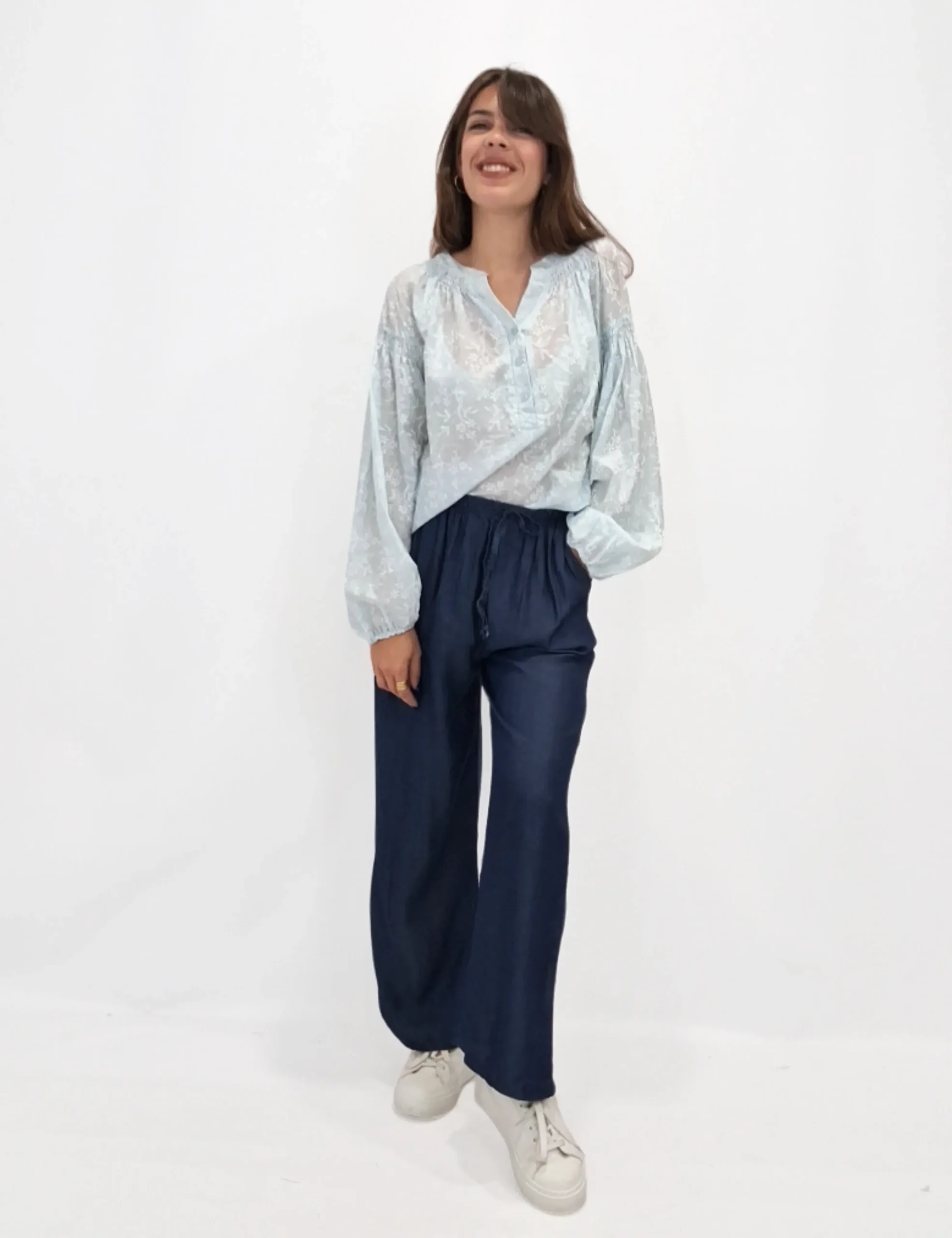 Camisa Bordada Mangas Azul