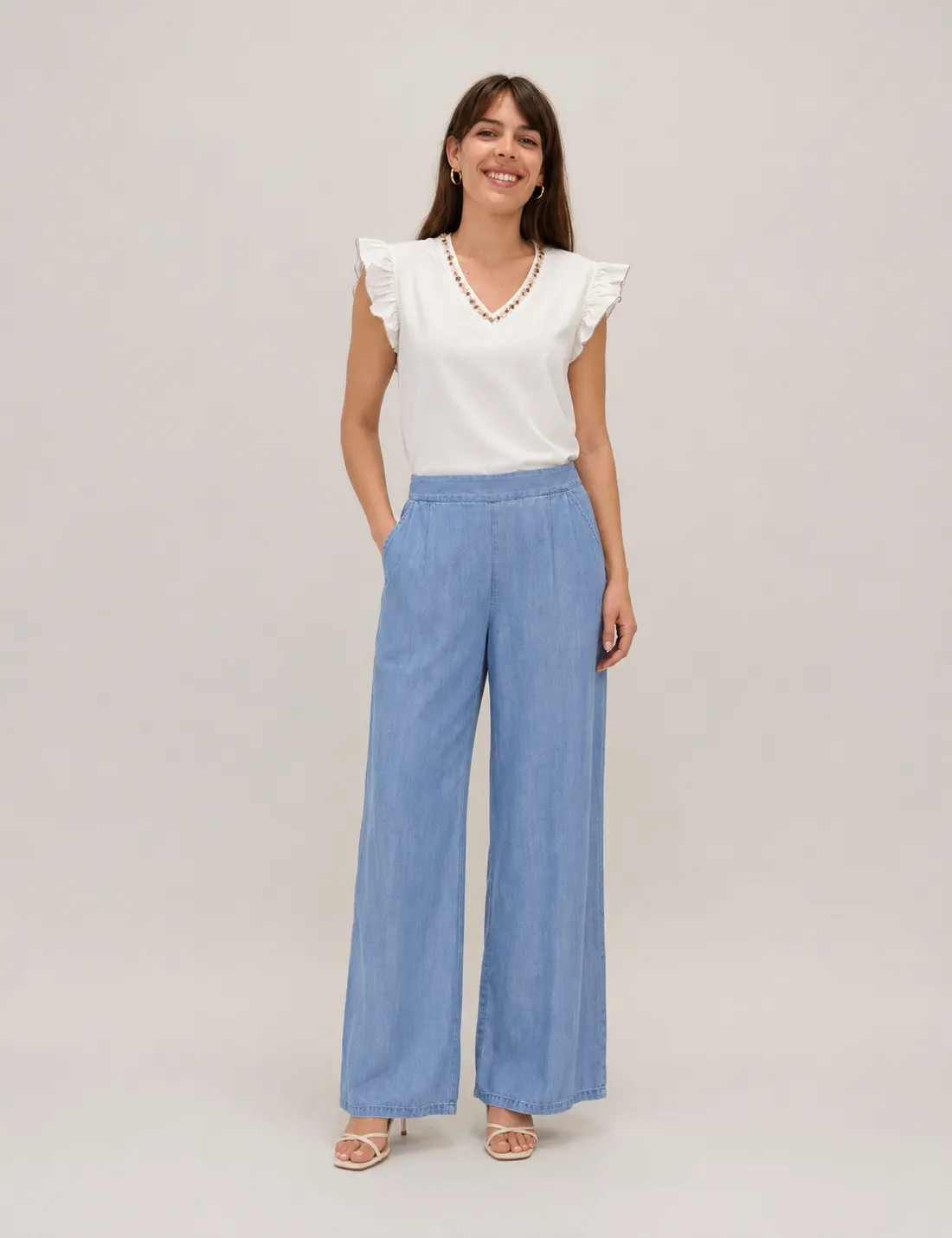 Pantalón Fluido Cinturilla Denim Claro