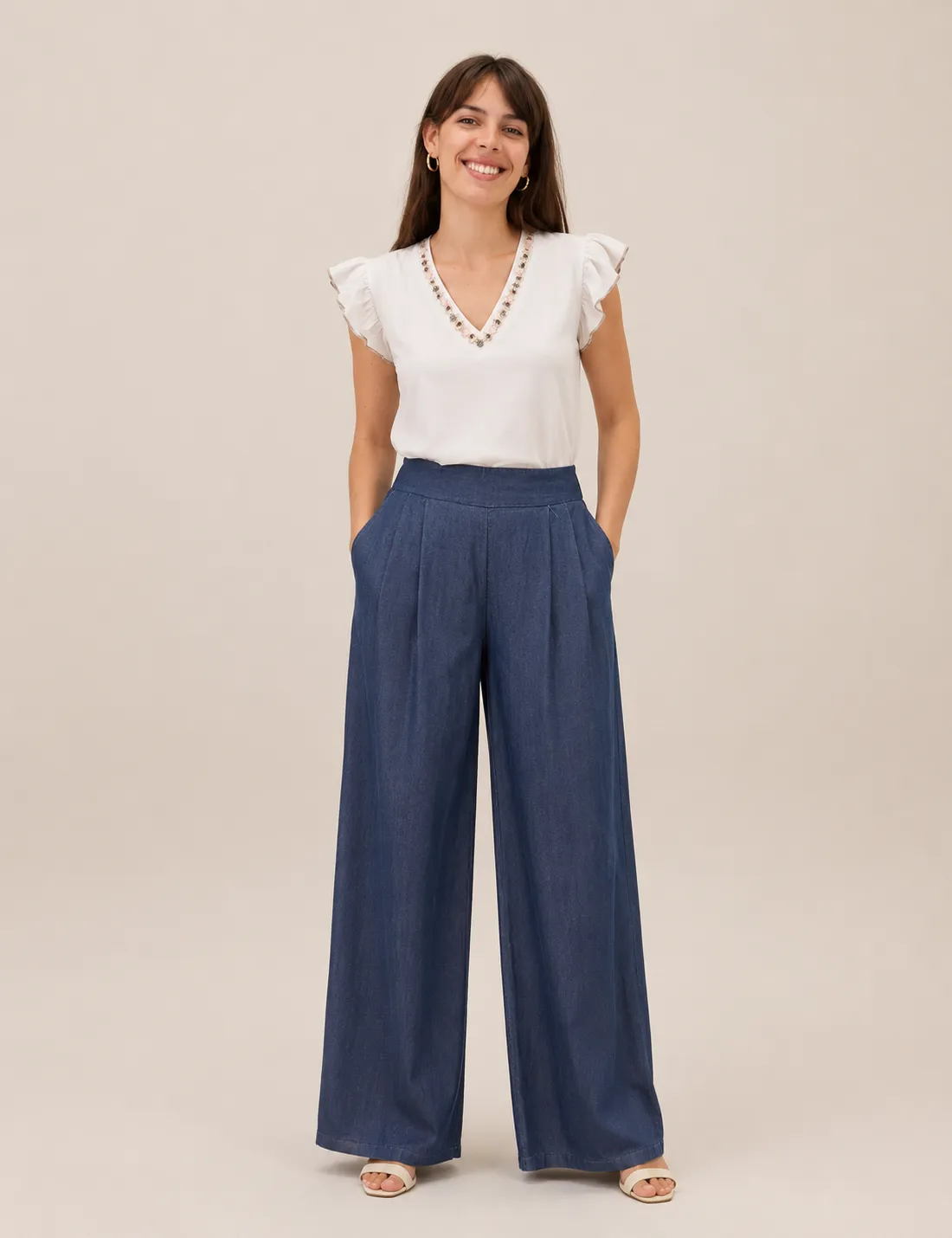 Pantalón Fluido Cinturilla Denim Oscuro
