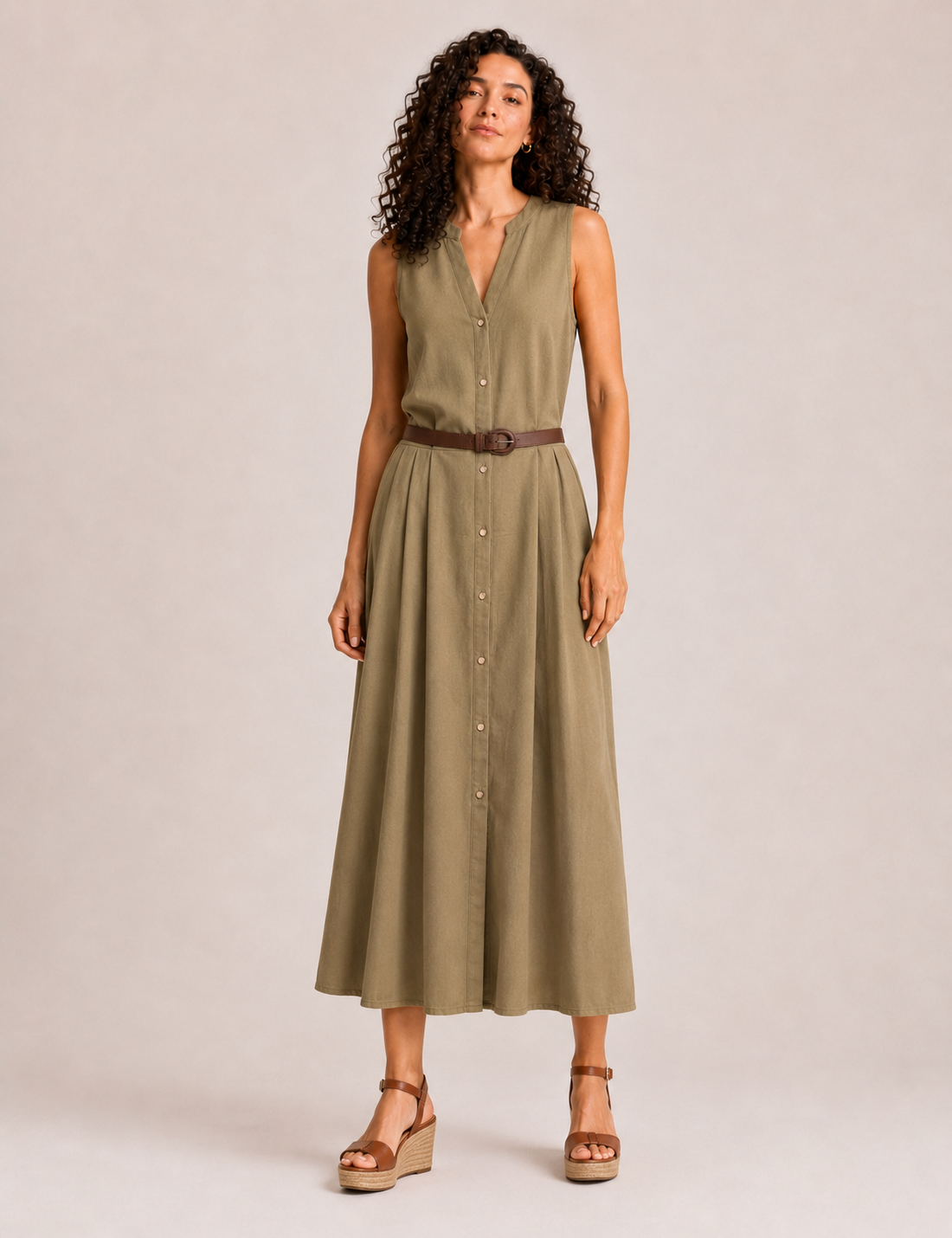Vestido Camisero Cinturón Kaki