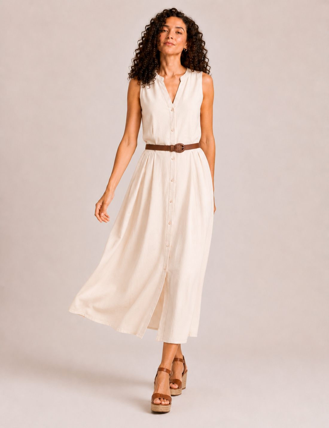 Vestido Camisero Cinturón Crema