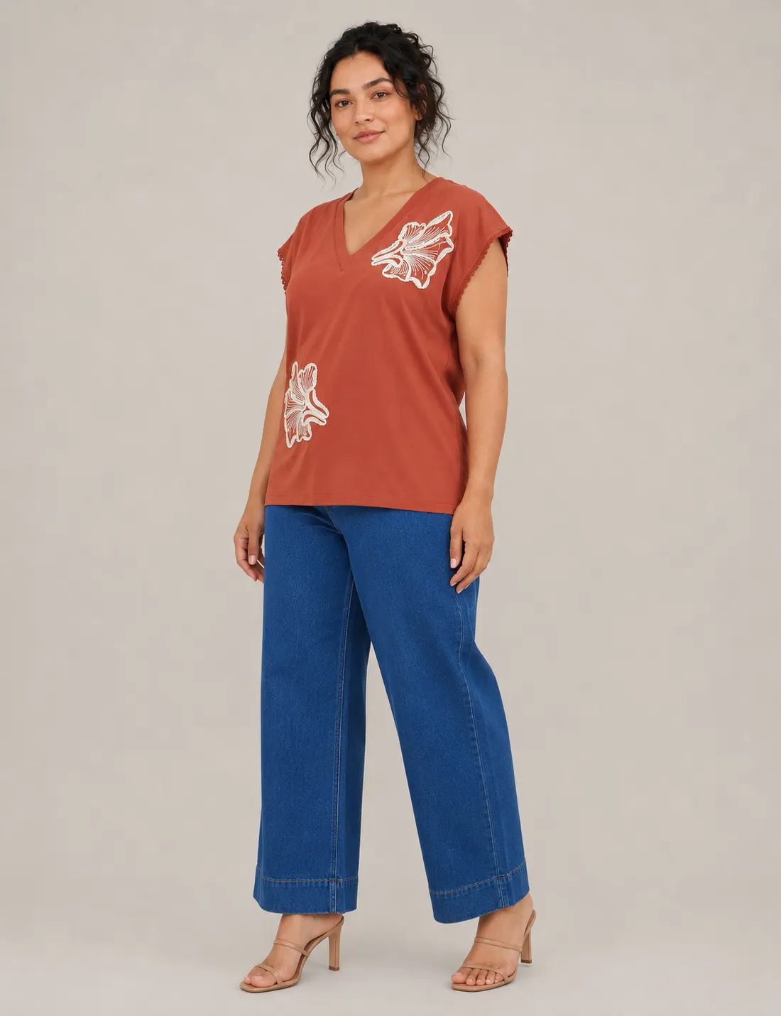 Camiseta Pico Bordada Teja