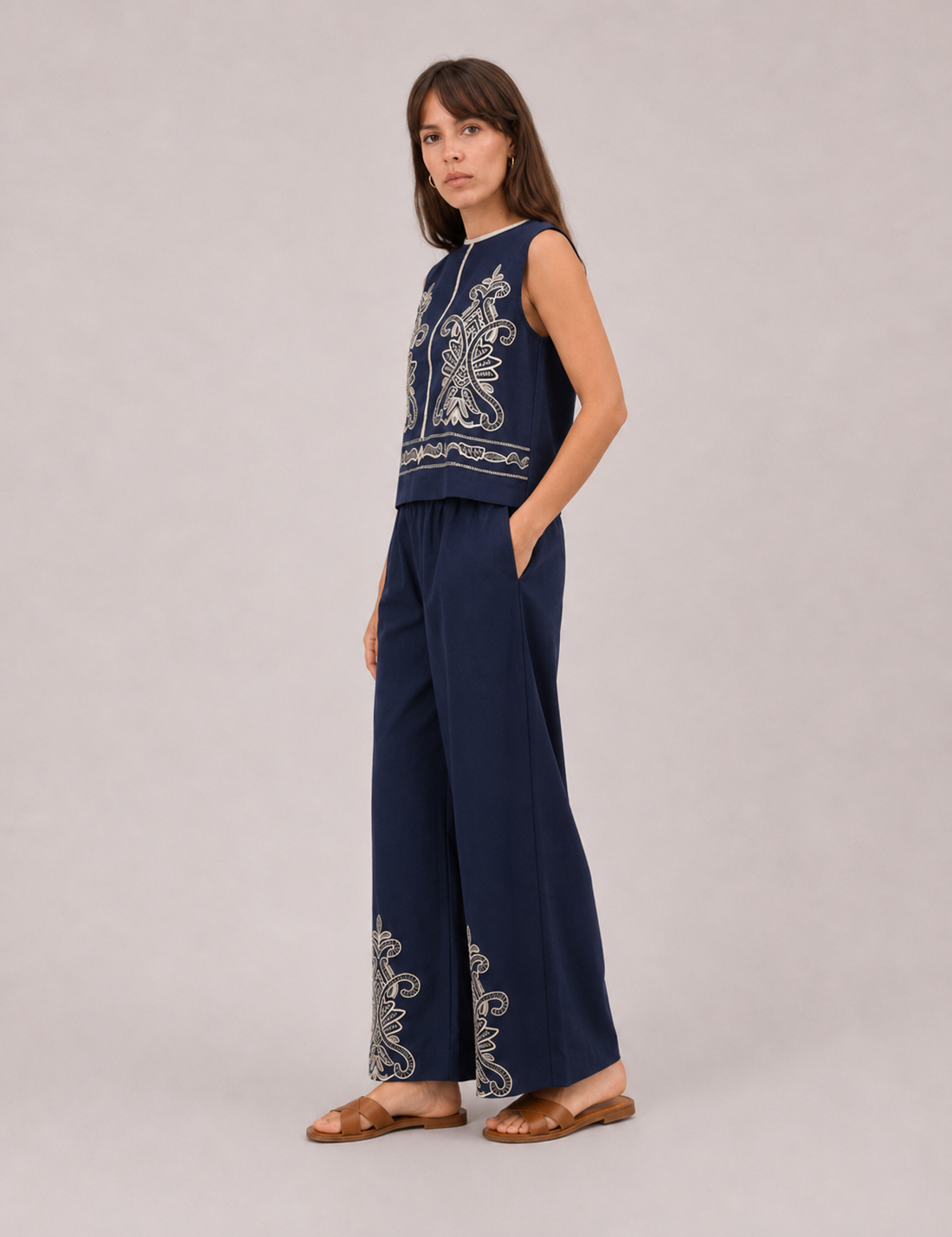 Pantalón Fluido Bordado Marino