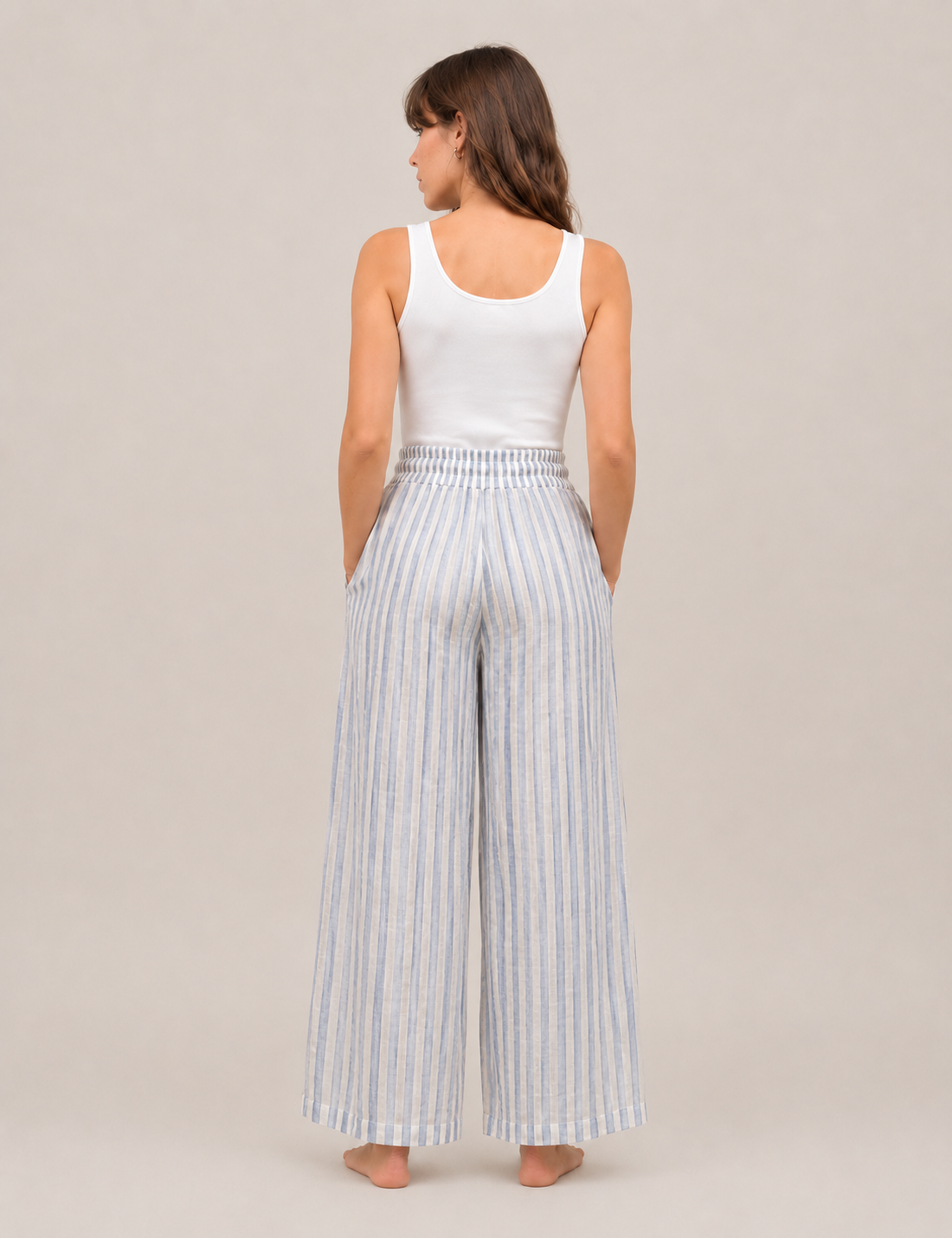 Alternative view of Pantalón Lino Azul-Crema