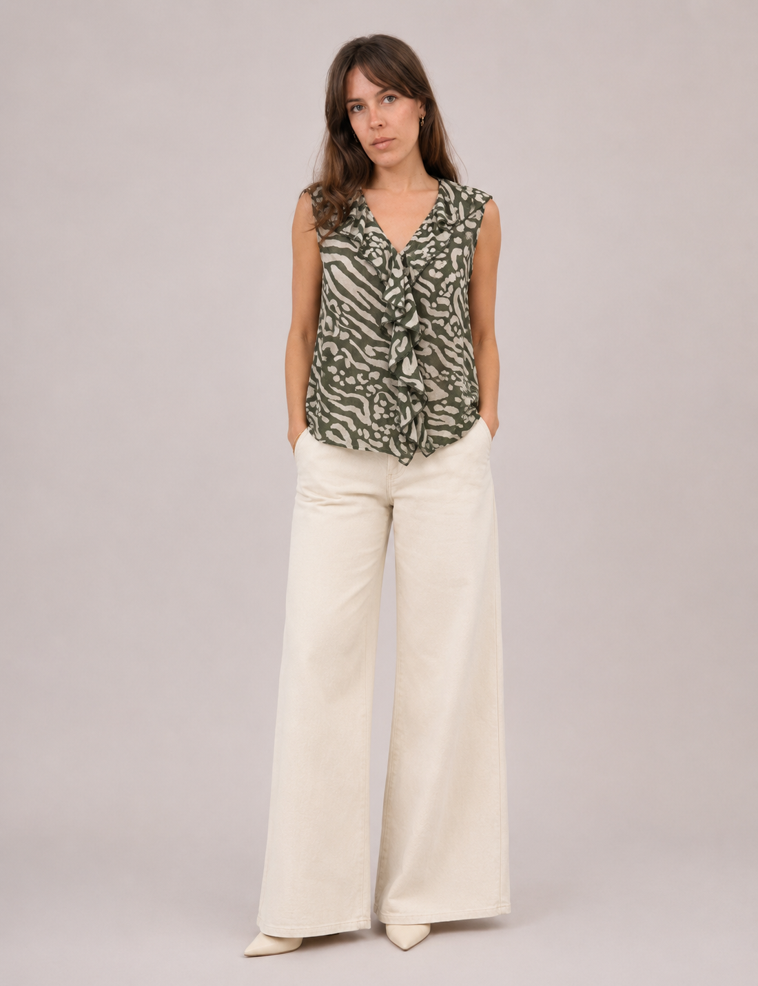 Camisa Volante Verde-Crema