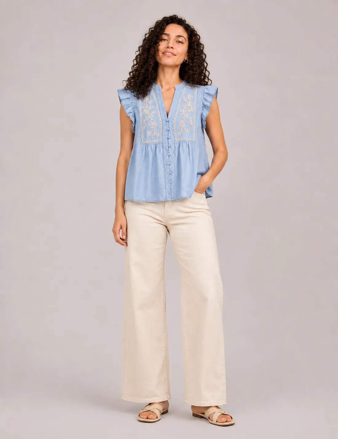 Camisa Manga Volantes Azul