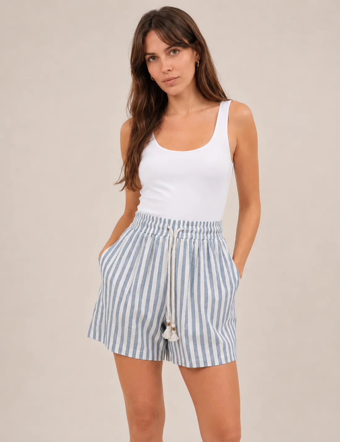 Short Lino Azul-Crema