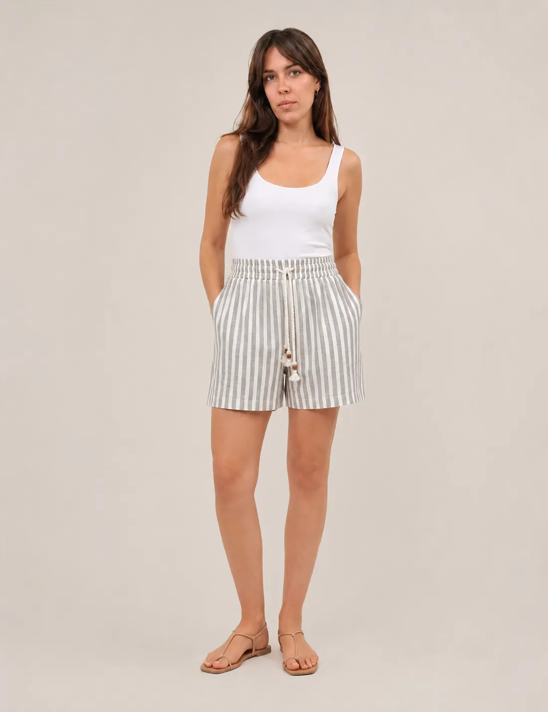 Short Lino Kaki-Crema